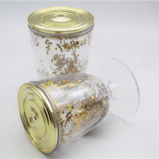 Double Wall Plastic Round Shaped Confetti Stemless Wine Glass With Gold Lid,Confetti Tumbler Coffee Mugs With Gold Foil