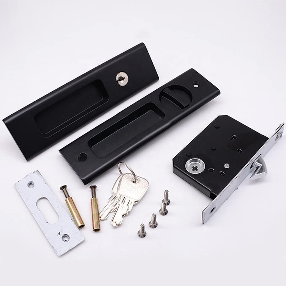 Pocket Door Lock Handle Invisible Wooden Barn Door Latch with Keys Interior Privacy Furniture Hardware Brushed Nickel Silver