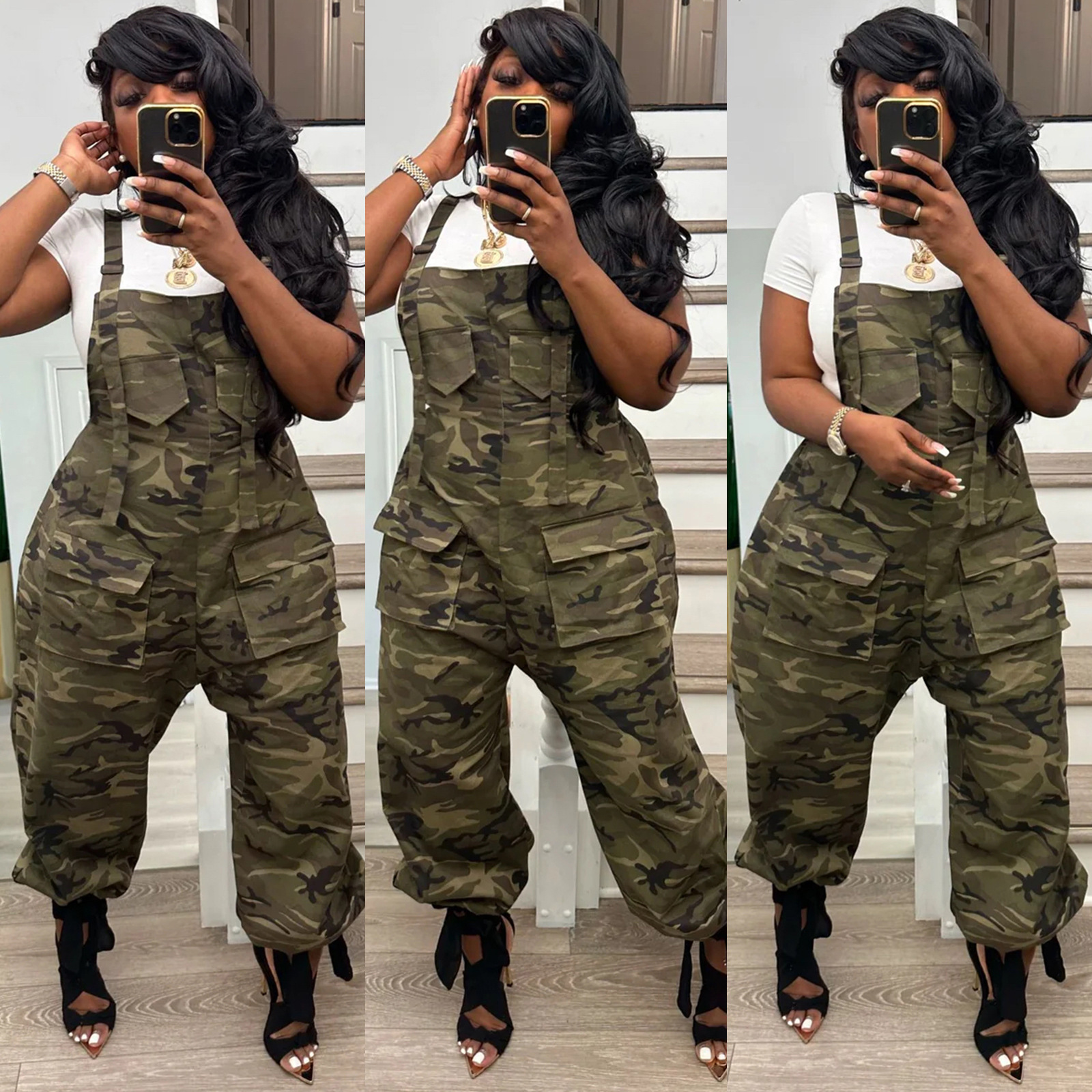 GX3041 New Women's Summer Camo Pant Sleeveless Fashion Loose Camouflage Work Suit Jumpsuit with Straps