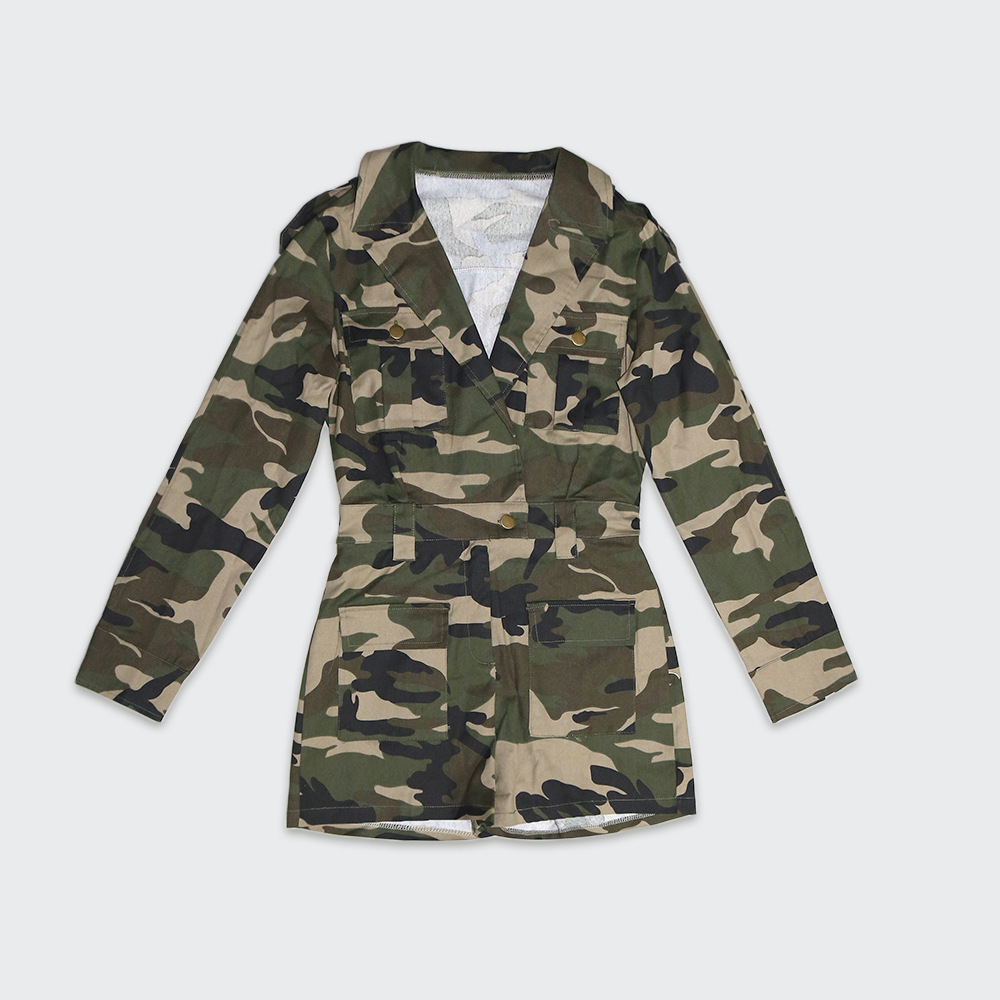 GX0398 New spring summer fashionable camouflage printed long sleeve pocket lapel elegant one piece cargo camo jumpsuit women