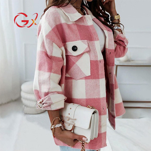 GX21807 Women Coat Colors Patchwork Casual Plaid Shirt Loose Button Long Sleeve Jacket Women's Winter Coat