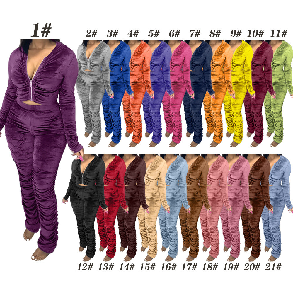 GX1539 New Velvet Tracksuits Two Piece Set Winter Women Workout Fall sexy 2 Piece Stacked Pants Jogger Set Velour Sweat Suits