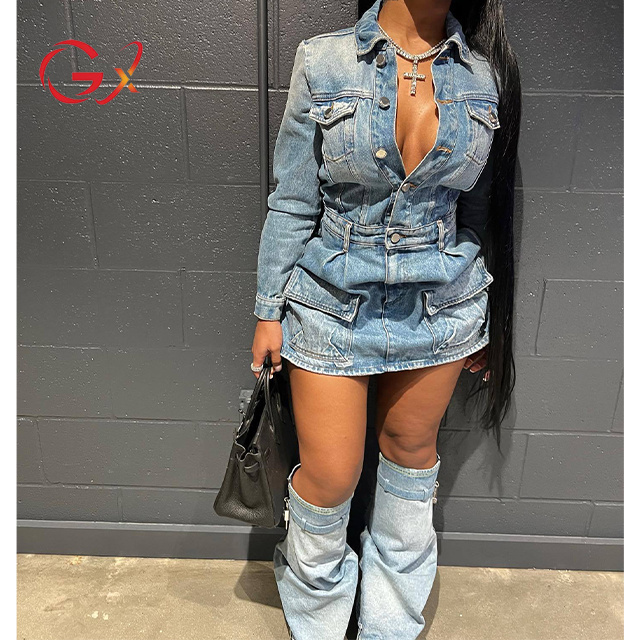 GX8150 Fashion Autumn Long Sleeve Multi-pocket Casual Denim Cargo Dress Sexy Elegant Jean Mini Dresses with Leggings