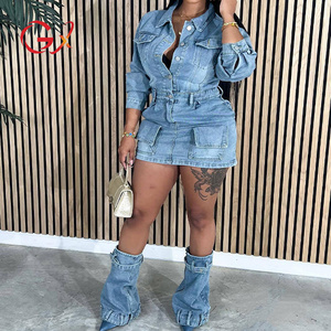 GX8150 Fashion Autumn Long Sleeve Multi-pocket Casual Denim Cargo Dress Sexy Elegant Jean Mini Dresses with Leggings