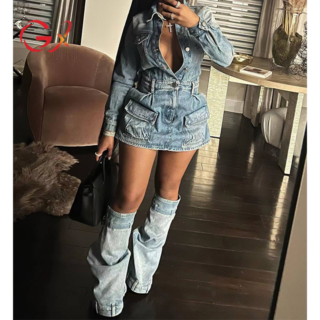 GX8150 Fashion Autumn Long Sleeve Multi-pocket Casual Denim Cargo Dress Sexy Elegant Jean Mini Dresses with Leggings