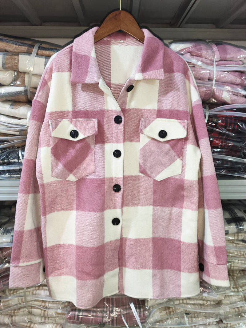 GX21807 Women Coat Colors Patchwork Casual Plaid Shirt Loose Button Long Sleeve Jacket Women's Winter Coat