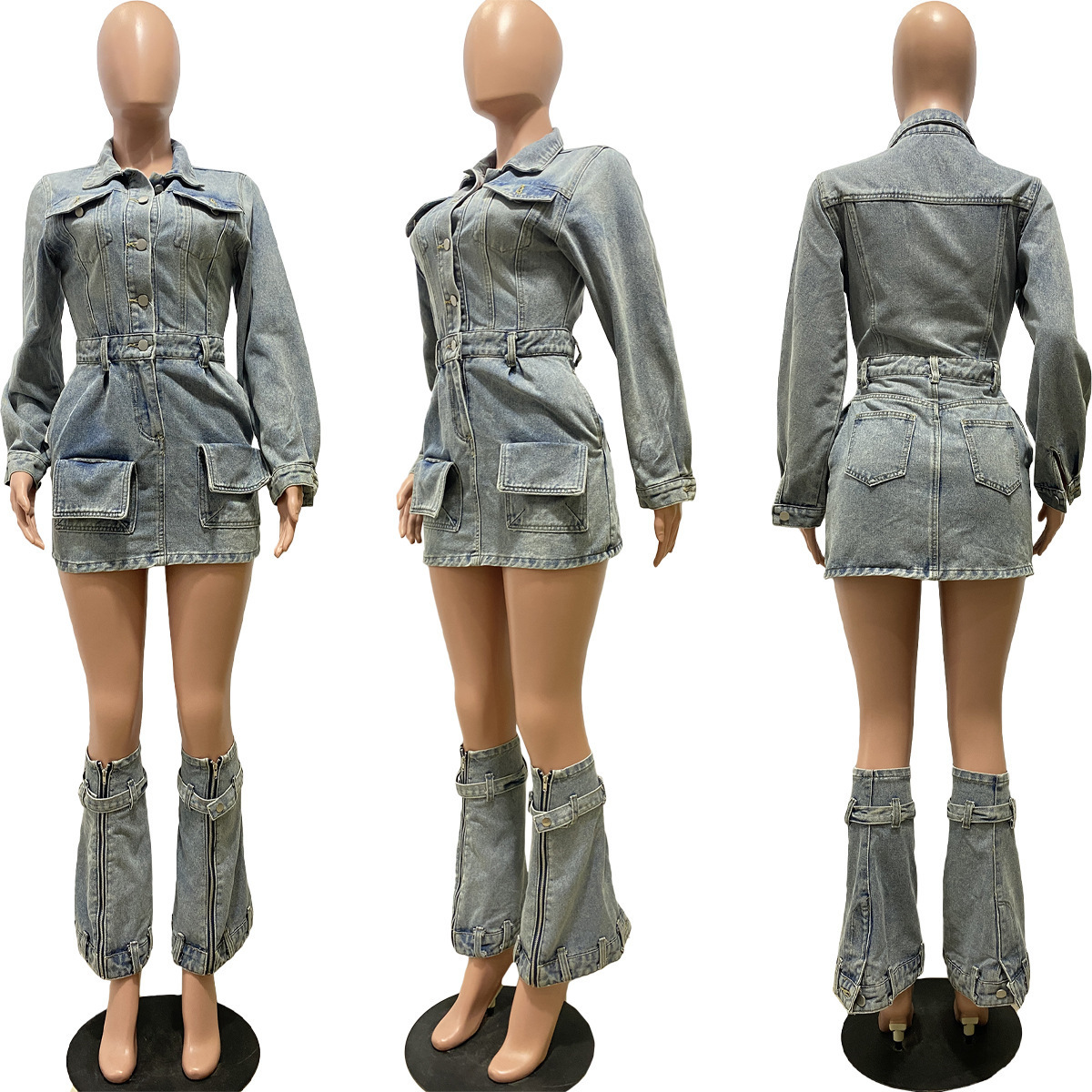 GX8150 Fashion Autumn Long Sleeve Multi-pocket Casual Denim Cargo Dress Sexy Elegant Jean Mini Dresses with Leggings