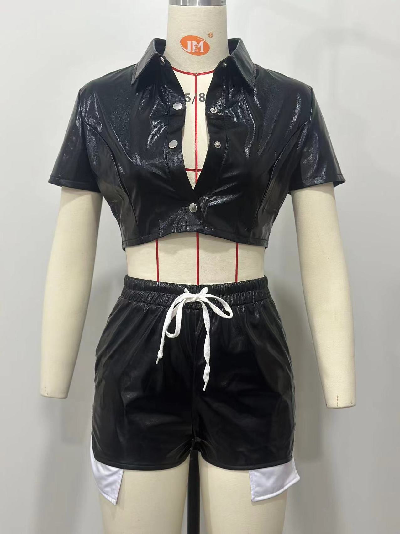 GX8551 Wholesale Summer Women Clothing Vendor Sexy PU leather Short Sleeve Crop Top and Shorts 2 Piece Set