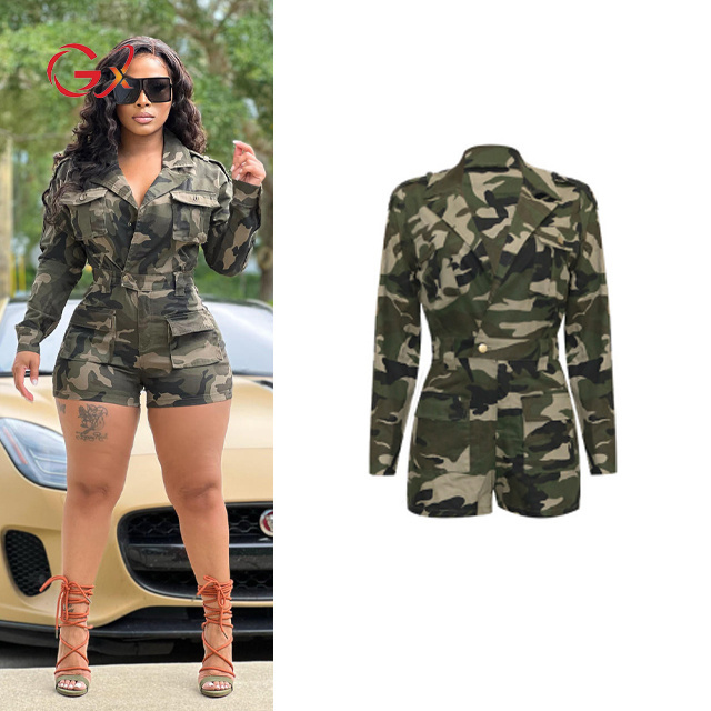 GX0398 New spring summer fashionable camouflage printed long sleeve pocket lapel elegant one piece cargo camo jumpsuit women