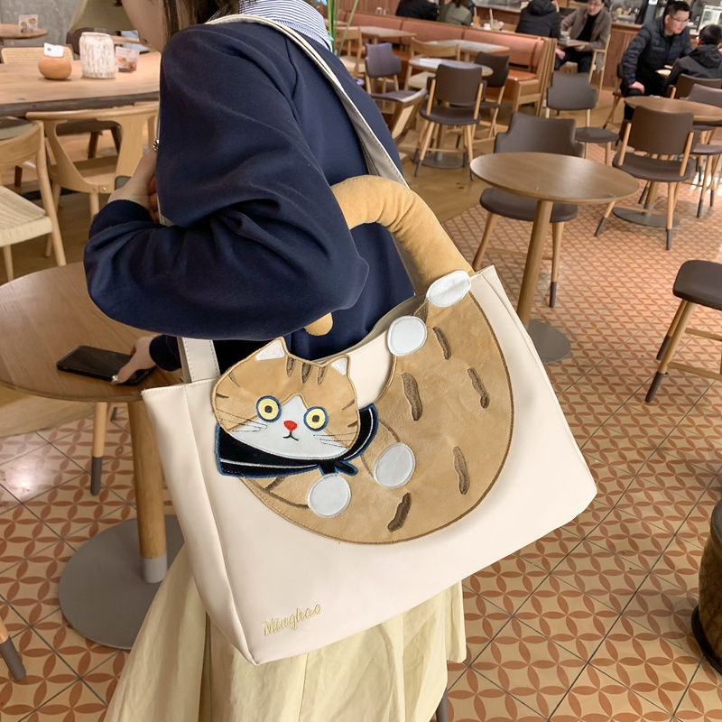 Kawaii Girls Canvas Tote Bag Lovely Cartoon Cat Handbags Large Capacity Book Bags