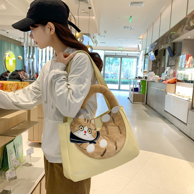 Kawaii Girls Canvas Tote Bag Lovely Cartoon Cat Handbags Large Capacity Book Bags