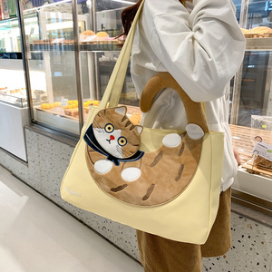 Kawaii Girls Canvas Tote Bag Lovely Cartoon Cat Handbags Large Capacity Book Bags