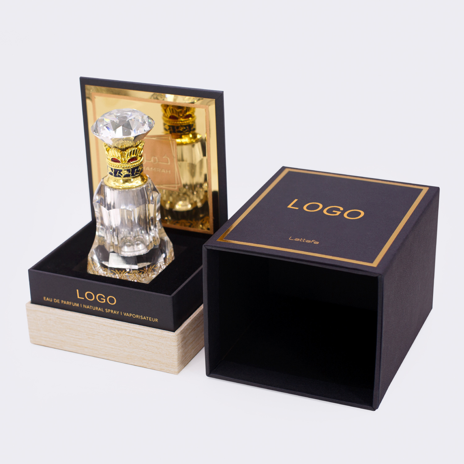 Custom logo luxury black gold fragrance slide Drawer boxes Rigid cardboard Paper Packaging gift set Perfume bottle with Box