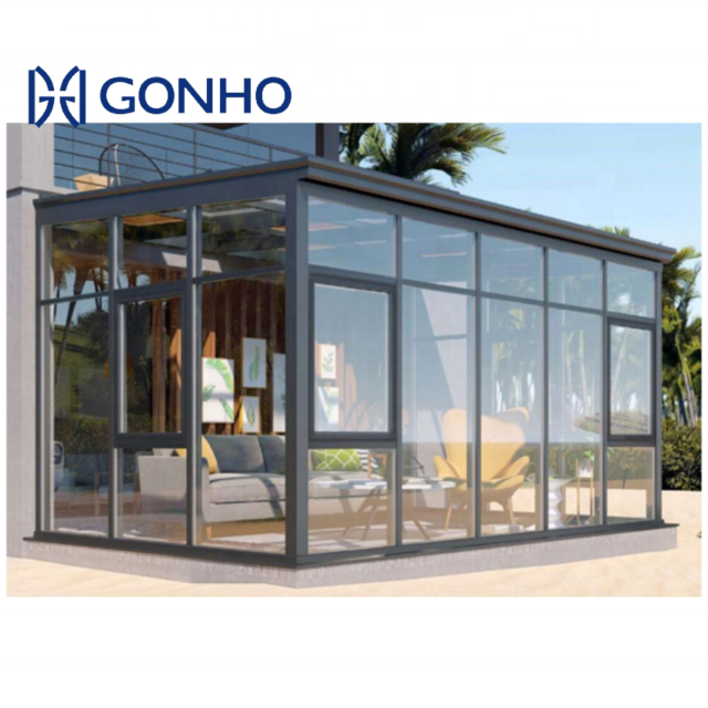 Gonho 2023 new design aluminium flat roof sunroom glass sunroom furniture sets curved eave glass aluminum sunroom kit