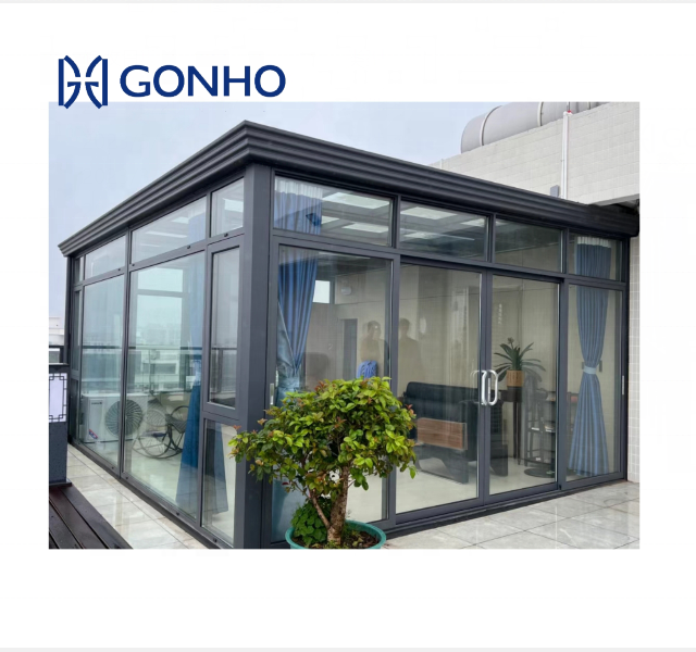 Gonho cheap wholesale outdoor aluminum grey four seasons retractable glass room lean to sunroom for sale