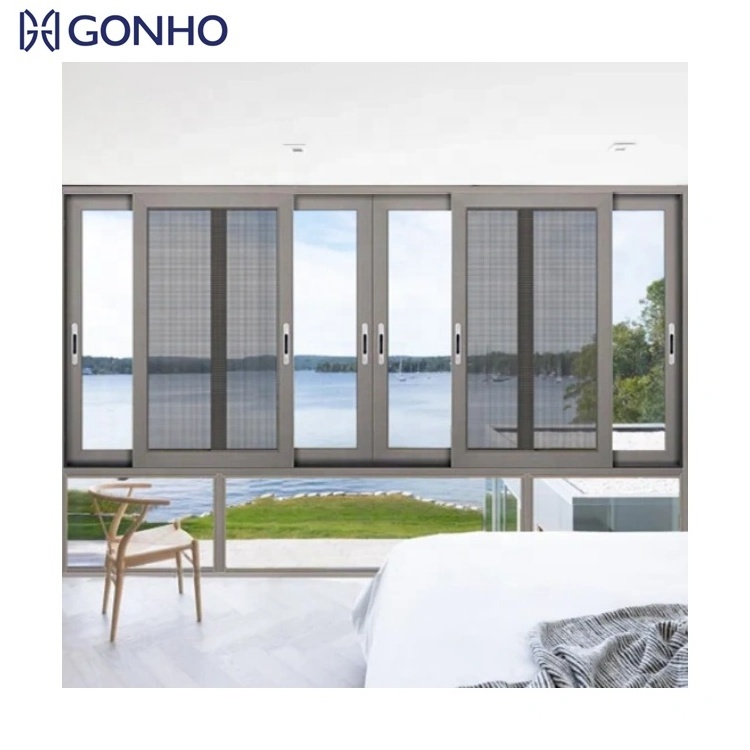 GONHO Champagne Color Aluminum Sliding Windows Security Lock Window Sliding Windows with Mosquito Net For Bedroom