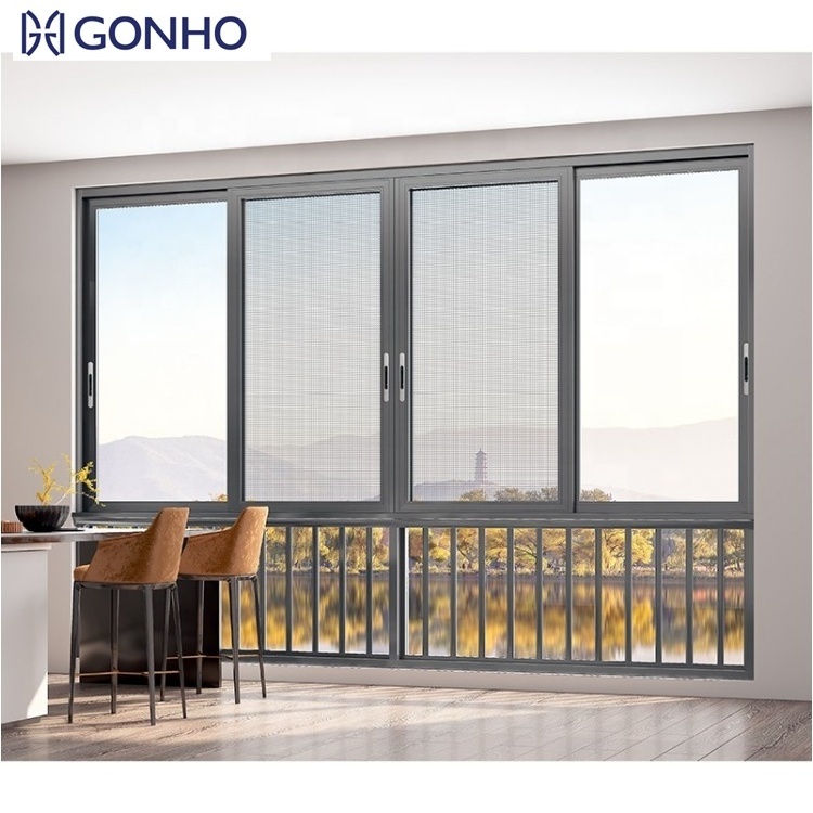 GONHO Champagne Color Aluminum Sliding Windows Security Lock Window Sliding Windows with Mosquito Net For Bedroom