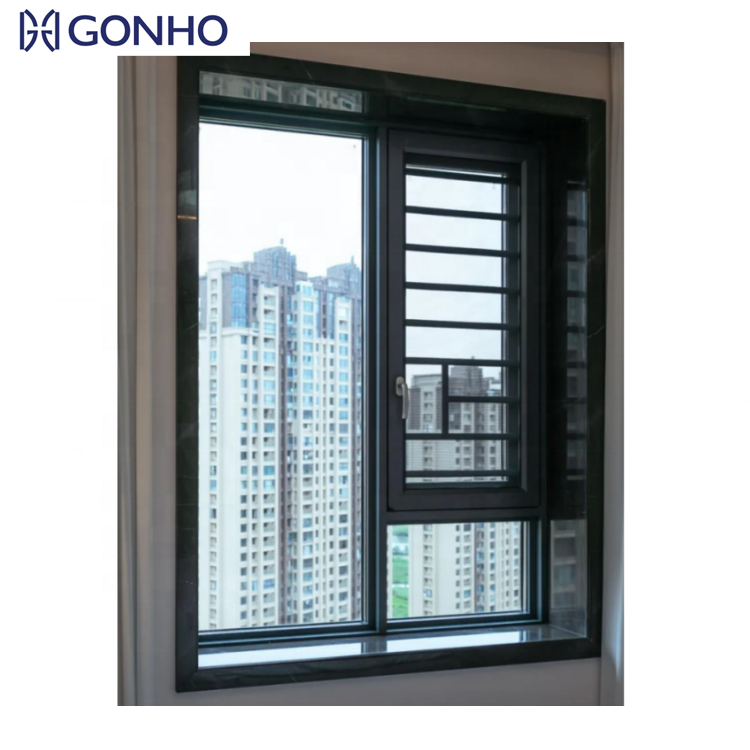 GONHO Hurricane Impact Fixed Glass Steel Screen Mesh French Style Security Bar Casement Window With Thermal Break Function