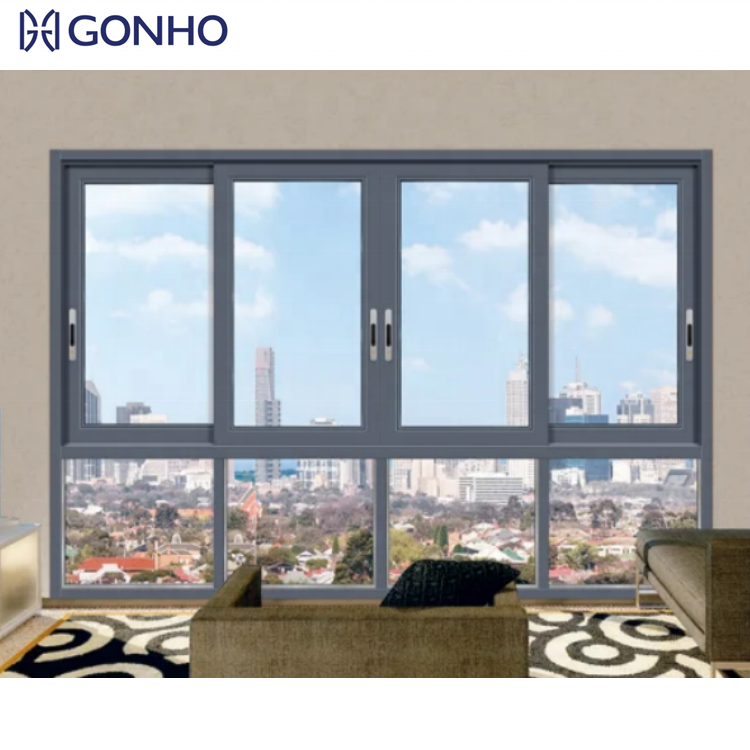 GONHO Champagne Color Aluminum Sliding Windows Security Lock Window Sliding Windows with Mosquito Net For Bedroom