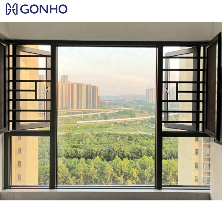 GONHO Hurricane Impact Fixed Glass Steel Screen Mesh French Style Security Bar Casement Window With Thermal Break Function