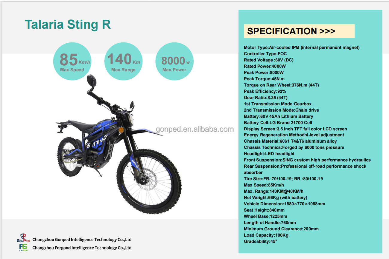 Fast shipping talaria 45ah tala ria sting r 60V 8000w e motorcycle MX4 electric dirt bike for adults