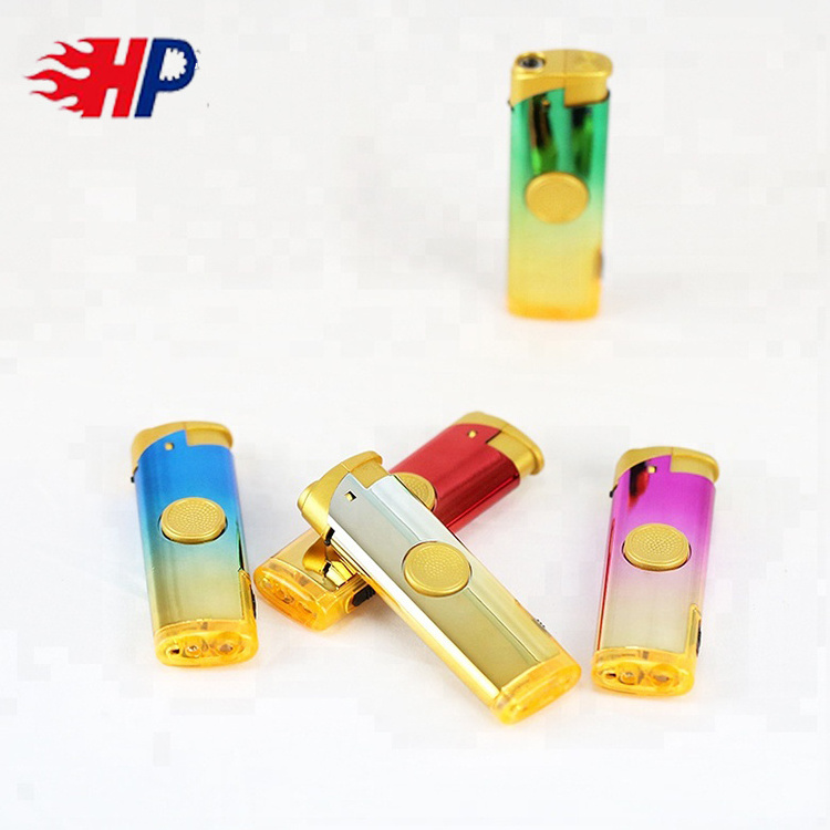 2023 HP Popular Refillable plastic  Windproof electronic butane gas lighter with piezo led light  finger spinning custom logo