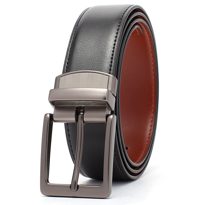 Plain Color Comfortable Casual Dress Men's Genuine Cowhide Leather Belt with Reversible Pin Buckle