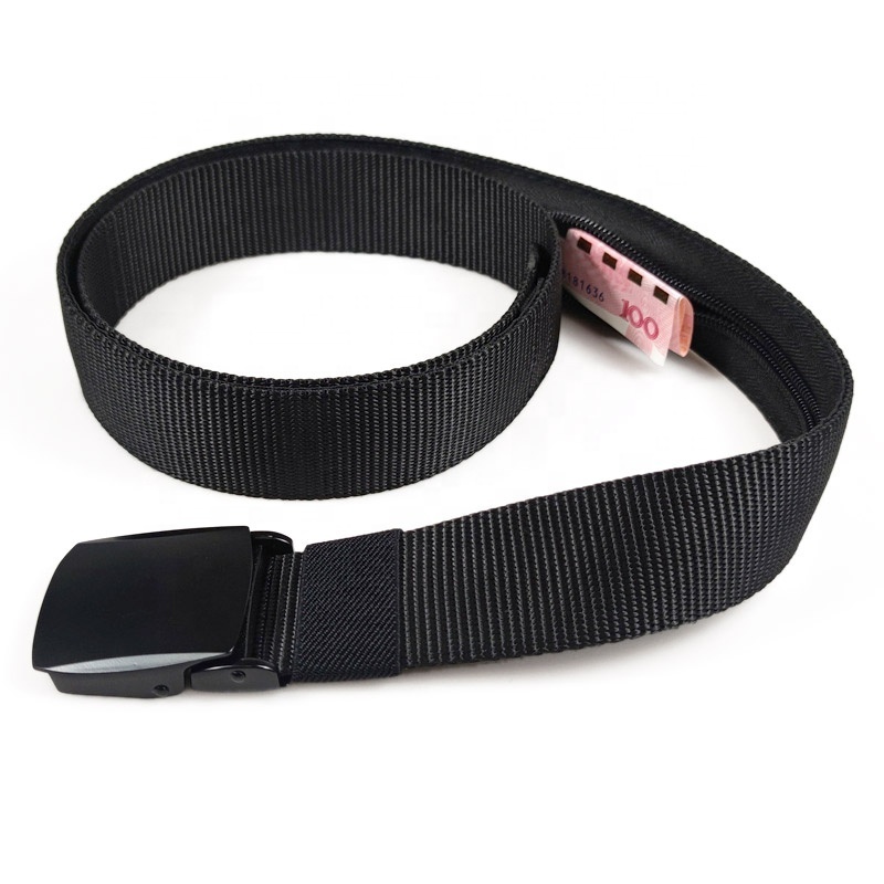 3.8cm Black Heavy Duty Metal Buckle Travel Anti-Theft Web Canvas Fabric Nylon Belt with Hidden Money Bag