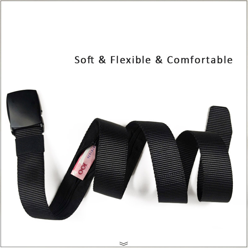 3.8cm Black Heavy Duty Metal Buckle Travel Anti-Theft Web Canvas Fabric Nylon Belt with Hidden Money Bag