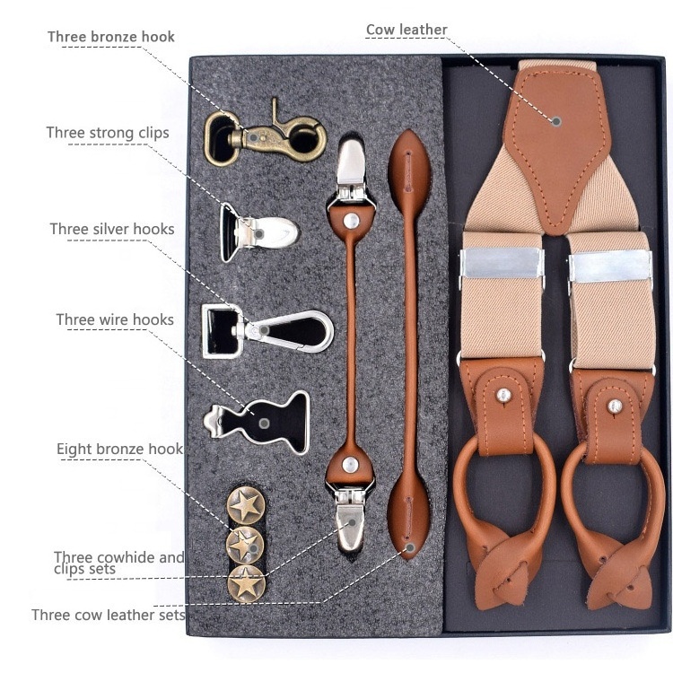 Muti-function Set Gift Suspender for Men Y-Back Leather Crosspatch Clip on Tuxedo Suspenders