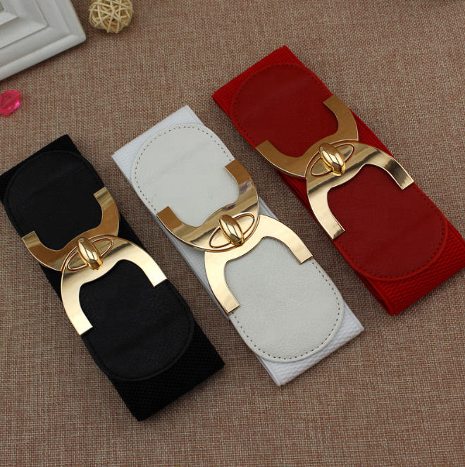 Women Stretch Waistband Fashion Double Gold Buckle Wide Elastic Ladies Dress Belt