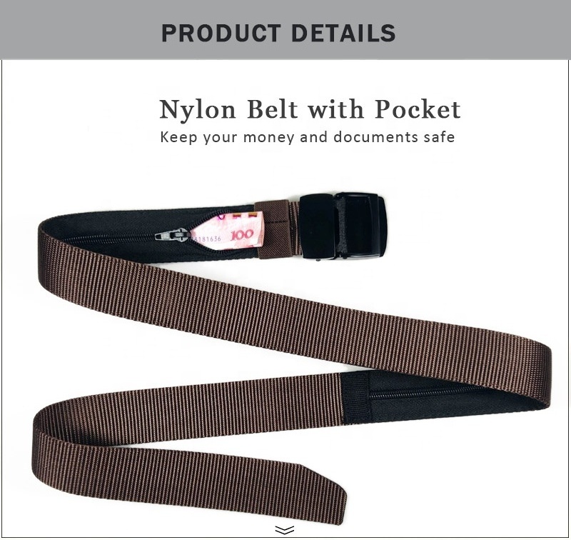 3.8cm Black Heavy Duty Metal Buckle Travel Anti-Theft Web Canvas Fabric Nylon Belt with Hidden Money Bag