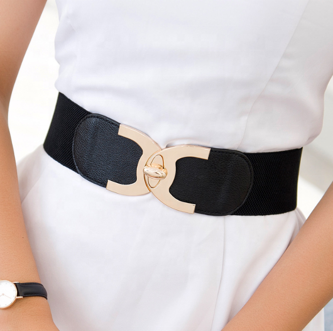 Women Stretch Waistband Fashion Double Gold Buckle Wide Elastic Ladies Dress Belt