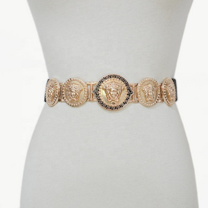 Retro Fashion Dress Decorative Ladies Stretch Elastic Golden Lion Head Carved Flower Buckle Belt for Women