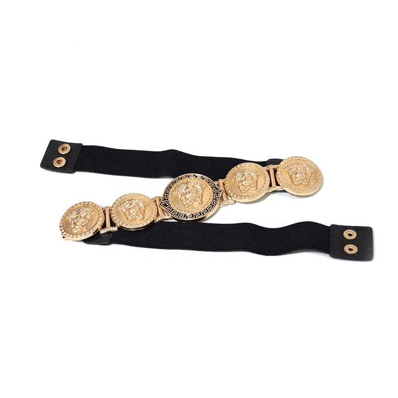 Retro Fashion Dress Decorative Ladies Stretch Elastic Golden Lion Head Carved Flower Buckle Belt for Women