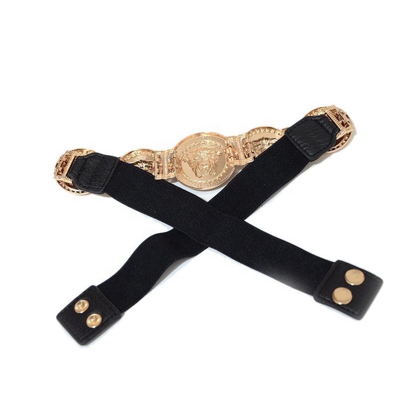 Retro Fashion Dress Decorative Ladies Stretch Elastic Golden Lion Head Carved Flower Buckle Belt for Women