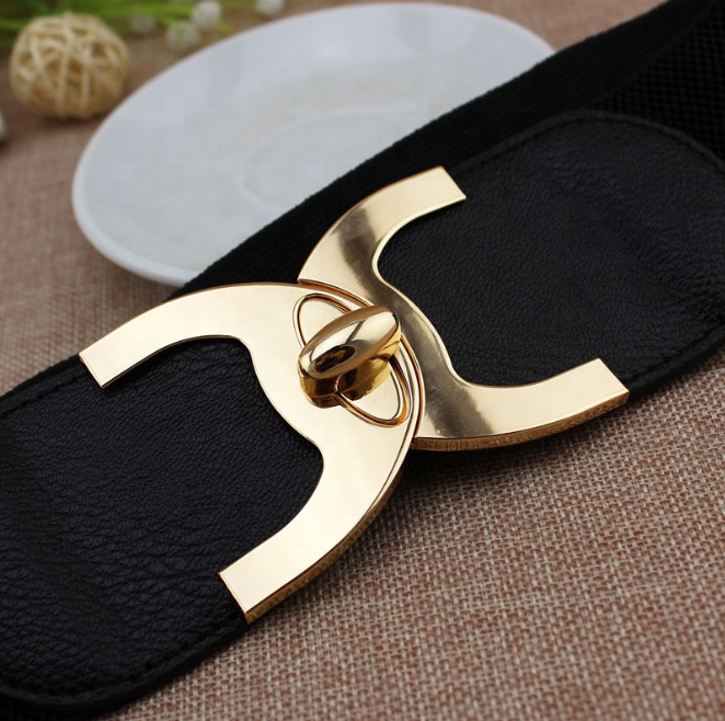 Women Stretch Waistband Fashion Double Gold Buckle Wide Elastic Ladies Dress Belt