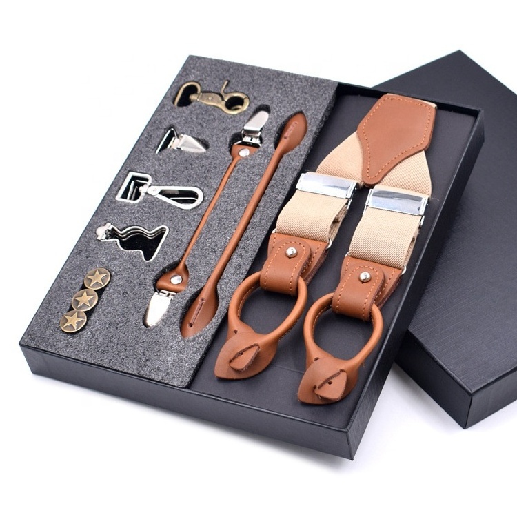 Muti-function Set Gift Suspender for Men Y-Back Leather Crosspatch Clip on Tuxedo Suspenders