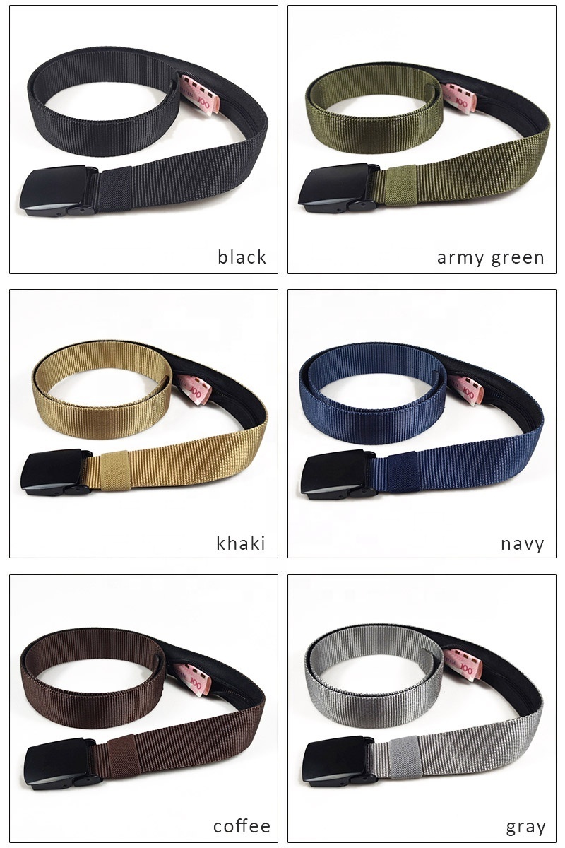 3.8cm Black Heavy Duty Metal Buckle Travel Anti-Theft Web Canvas Fabric Nylon Belt with Hidden Money Bag