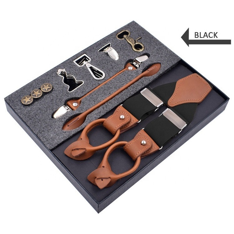 Muti-function Set Gift Suspender for Men Y-Back Leather Crosspatch Clip on Tuxedo Suspenders