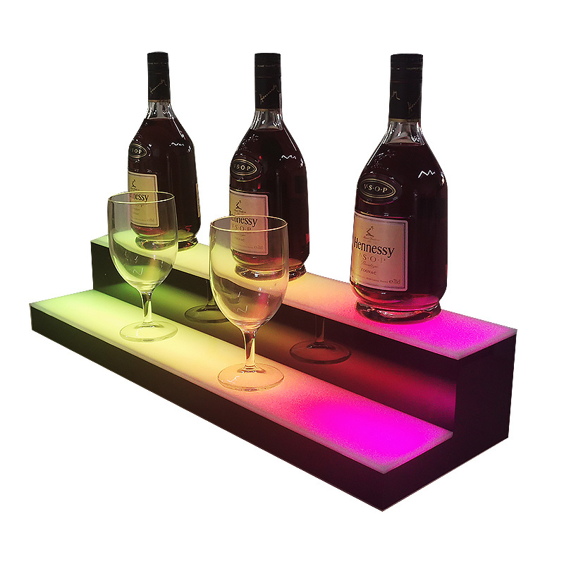 Home Bar LED Lighted Bar Liquor Bottle Alcohol 2-Step Acrylic Shelf Rack Stand Display Holder