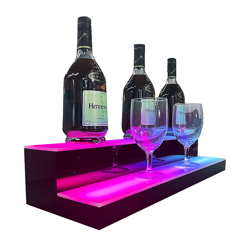 Home Bar LED Lighted Bar Liquor Bottle Alcohol 2-Step Acrylic Shelf Rack Stand Display Holder