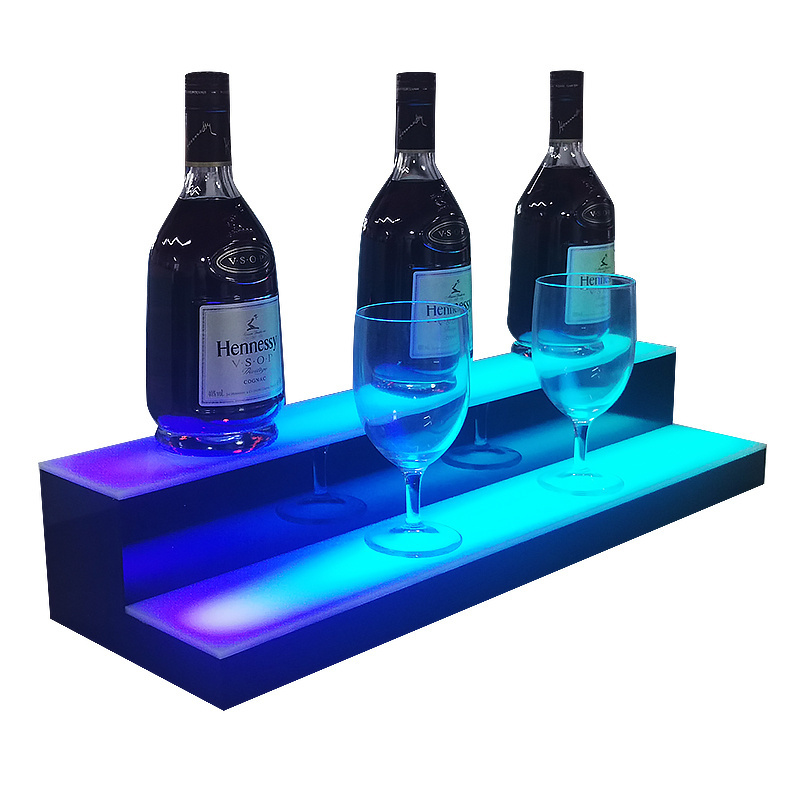 Home Bar LED Lighted Bar Liquor Bottle Alcohol 2-Step Acrylic Shelf Rack Stand Display Holder