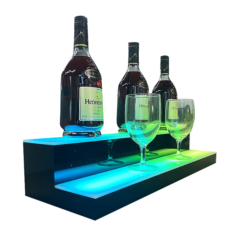 Home Bar LED Lighted Bar Liquor Bottle Alcohol 2-Step Acrylic Shelf Rack Stand Display Holder