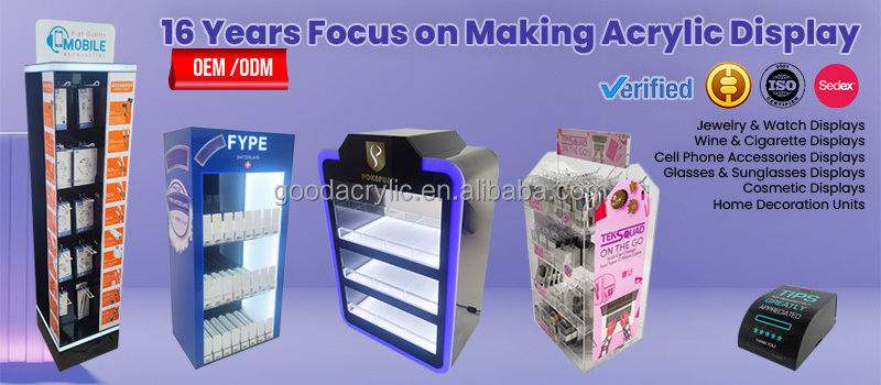 Acrylic cellphone accessory display 5 tiers mobile phone car charger display stand/COUNTER DISPLAY SHELF