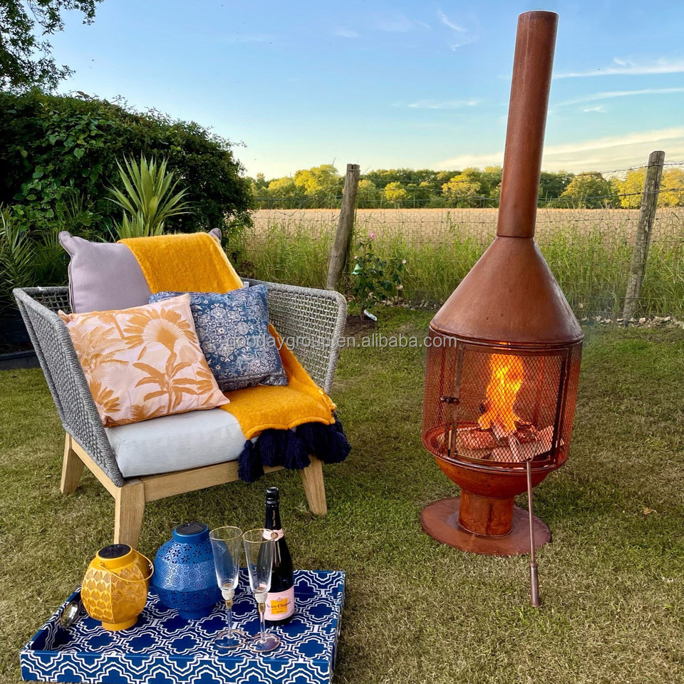 Outdoor Metal Firepit with chimney Garden yard Wood Burning Rustic Iron Fire Pit