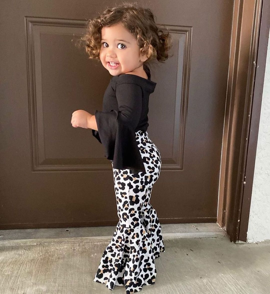 Toddler Clothes Baby Girls Outfit Black Top+cheetah Bell Bottoms Kids 2 Piece Sets American Style Baby Girl Clothing Sets