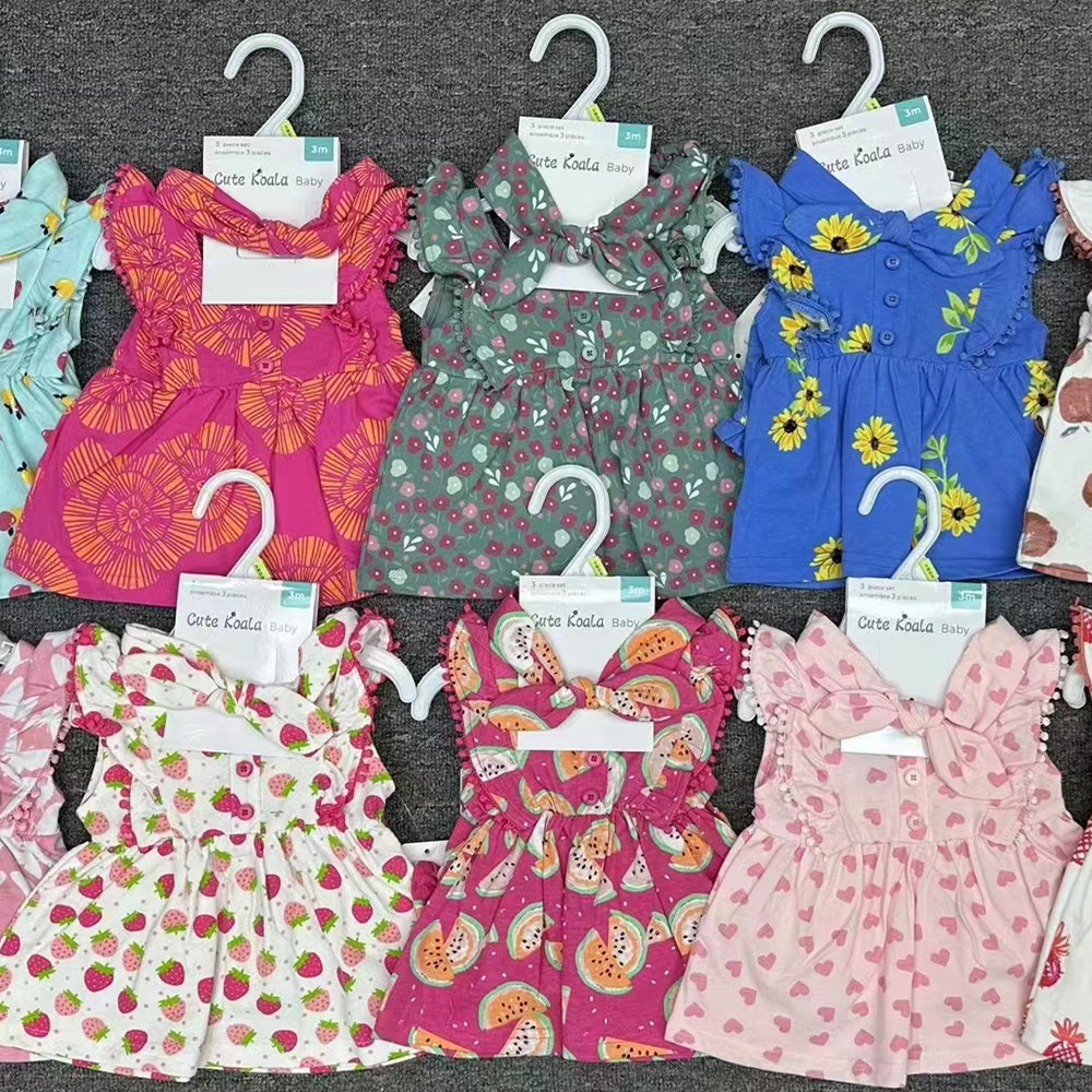 2024 Newborn Baby Cute Print Dresses 0-12 Months Korean Summer Baby Girl Princess Dresses Clothes 3pcs Gift Set