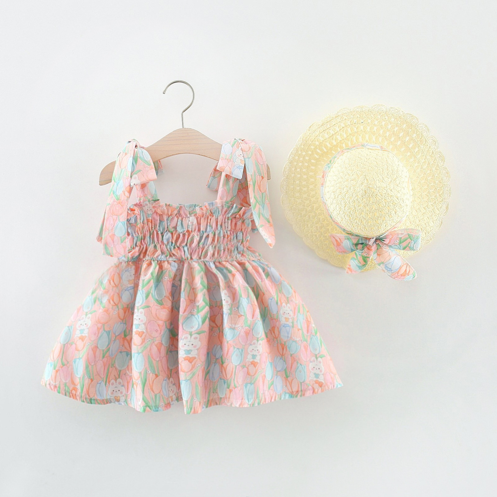 Wholesale Toddler Girl Suspended Dress Summer Lovely Sleeveless Dress Fashion Design Girls Dress With Straw Hat