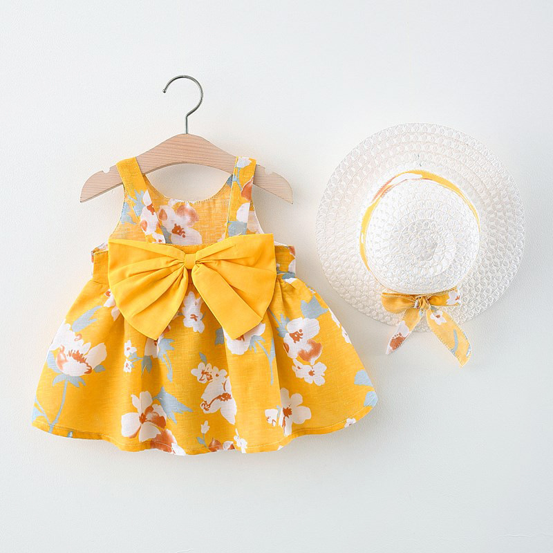 Baby Girls Dresses With Hat 2pcs Clothes Sets Kids Clothes Baby Sleeveless Birthday Party Princess Dress Print Floral bow